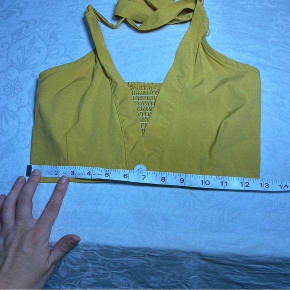 Unique Halter Top Button Front Plunge V Neck Smocked Yellow Vintage Style Medium - Picture 6 of 6